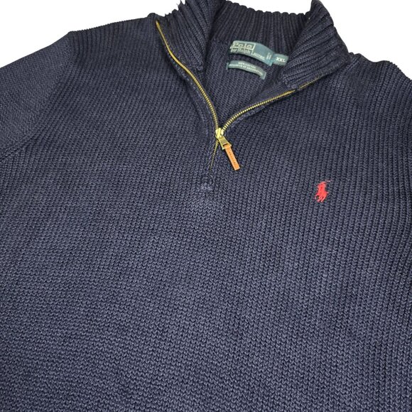 Polo Ralph Lauren Navy 1/4 Zip Pullover Sweater XXL Cotton Mens Ribbed Knit - Picture 6 of 8